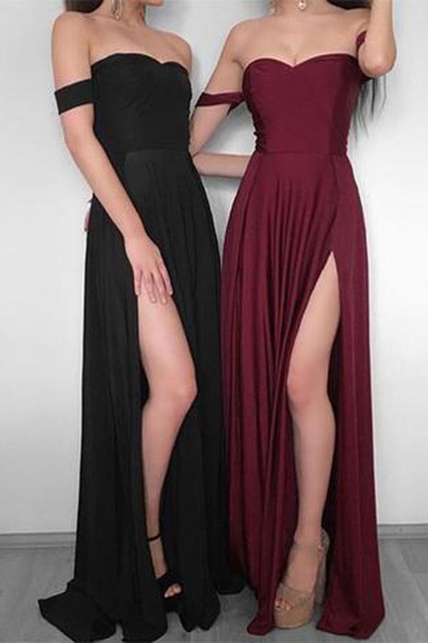 Burgundy/Black Off Shoulder Chiffon Long Prom Dress with Side Slit, MP390