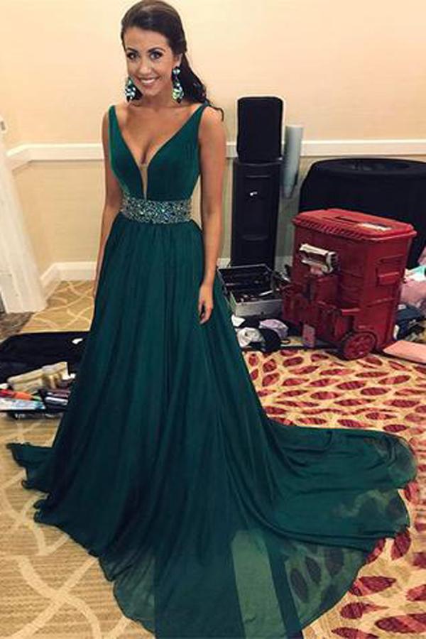 Elegant Green Beaded A-line V Neck Long Prom Dress, Evening Dress, MP196 Musebridals Elegant Green Beaded A-line V Neck Long Prom Dress, Evening Dress, MP196 Musebridals