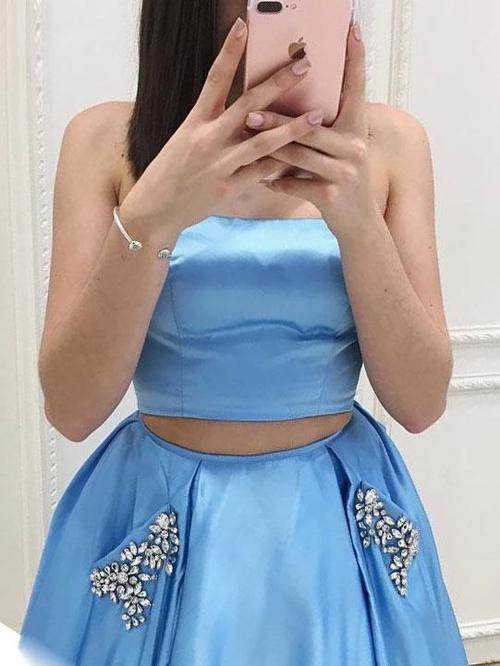 Blue A-line Strapless Satin Two Piece Long Prom Dresses with Pocket, Party Dress, MP145 at musebridals.com