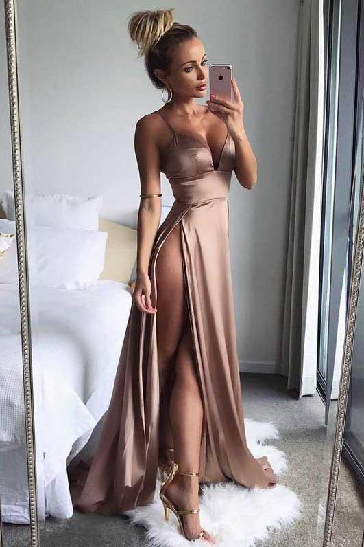 sexy brown dresses Brown Satin Deep V Neck Spaghetti Straps Thigh-High Slit Long Prom Dress,  MP138