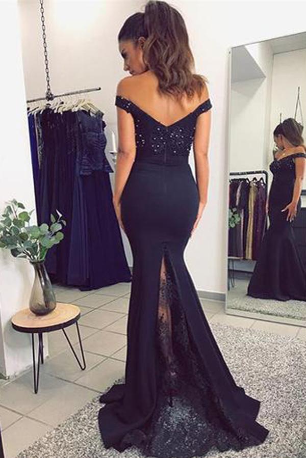 Lace Mermaid V-neck Off Shoulder Prom Dresses with Appliques, Evening Gowns, MP310|musebridals.com
