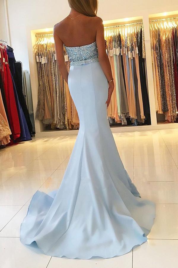 Light Blue Mermaid Sweetheart Neck Beaded Bodice Long Prom Dresses, MP268|musebridals.com