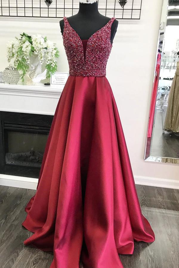 Burgundy A-line V-neck Satin Beaded Bodice Long Prom Dresses, Evening Dress, MP156 Burgundy A-line V-neck Satin Beaded Bodice Long Prom Dresses, Evening Dress, MP156