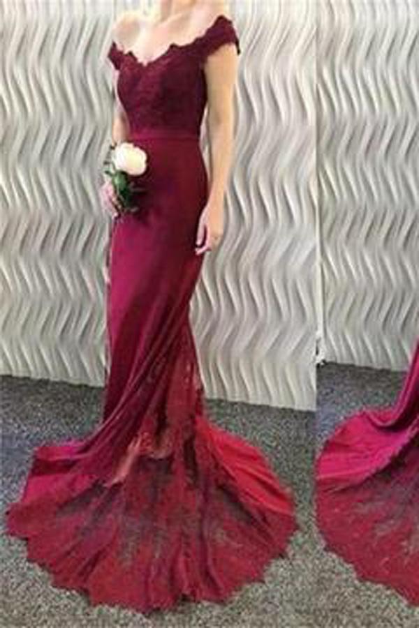Burgundy Off Shoulder Mermaid Prom Dress With Small Train, Bridesmaid  Dress, MP152