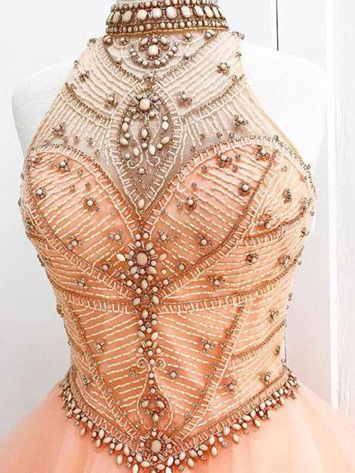 Organza High Neck Ball Gown Halter Beaded Prom Dresses Quinceanera Dress, MP315|musebridals.com