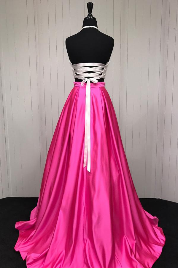 musebridals.com|Simple Hot Pink Two Piece A-line Halter Cheap Long Prom Dresses, MP407