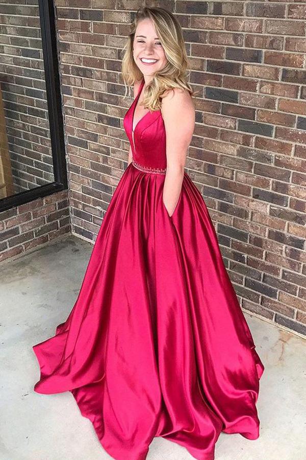 Fabulous Red Satin A line V Neck Long Prom Dress Evening Dresses, MP210