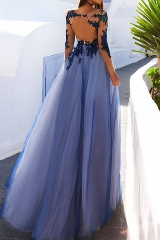 Blue Lace Open Back See Through Long Sleeve Evening Dress, Prom Dresses, MP141 at musebridals.com