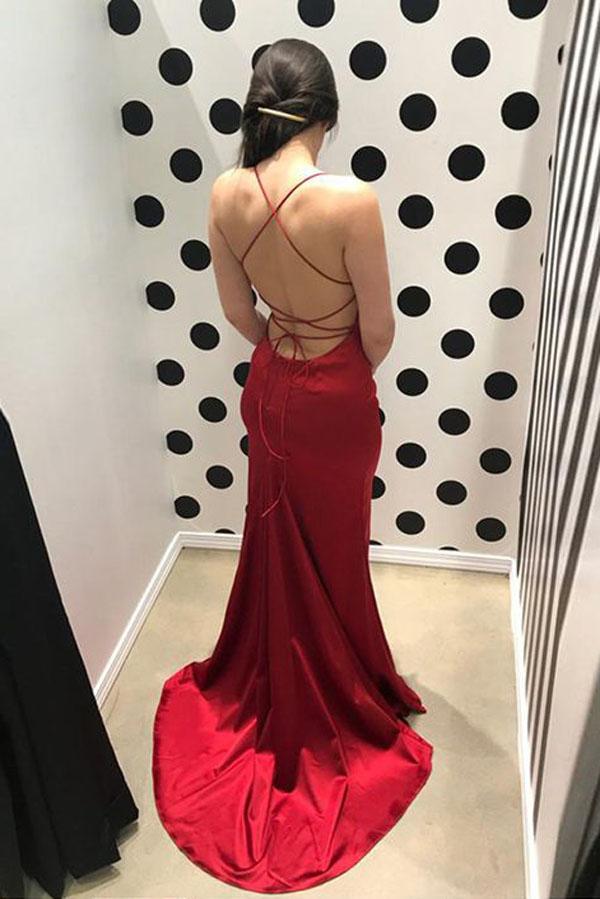 Red Simple Sheath Spaghetti Straps Lace-Up Sweep Train Long Prom Dress, MP217 at musebridals.com