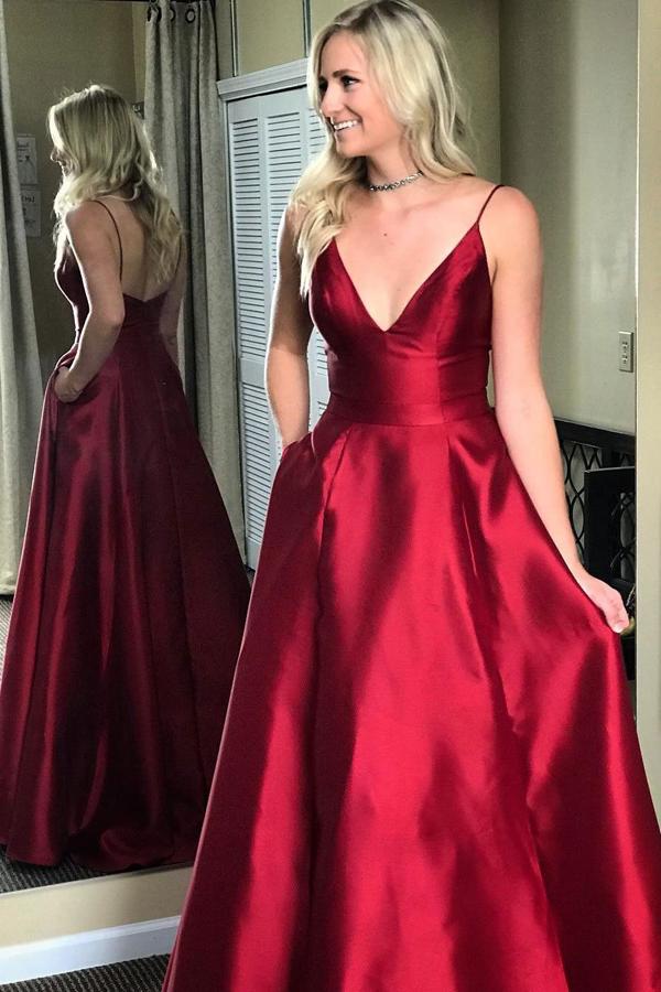 Burgundy Satin Spaghetti Strap Cheap V-neck Formal Dress Long Prom Dresses, MP157