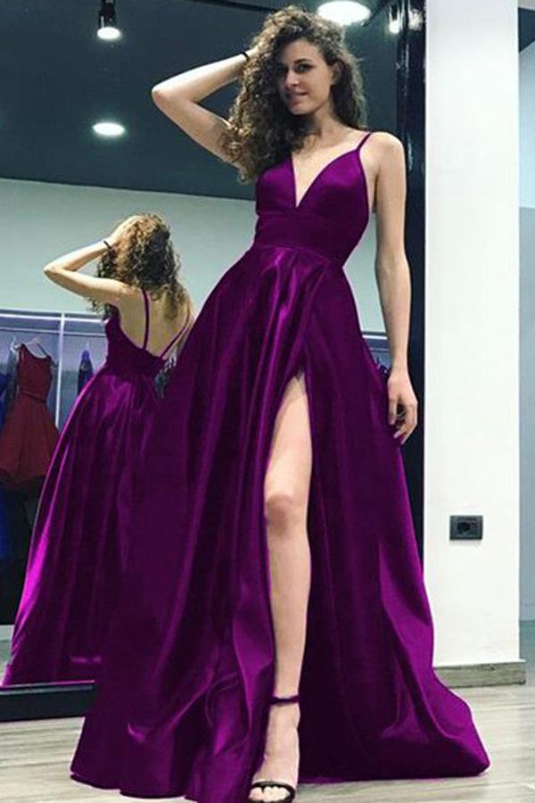 Grape Satin V-neck A-line Side Split Backless Long Prom Dresses With Straps, MP232