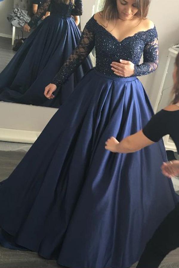 Charming Dark Navy Long Sleeve V neck Prom Dresses, Formal Dress, MP286 Musebridals Charming Dark Navy Long Sleeve V neck Prom Dresses, Formal Dress, MP286 Musebridals