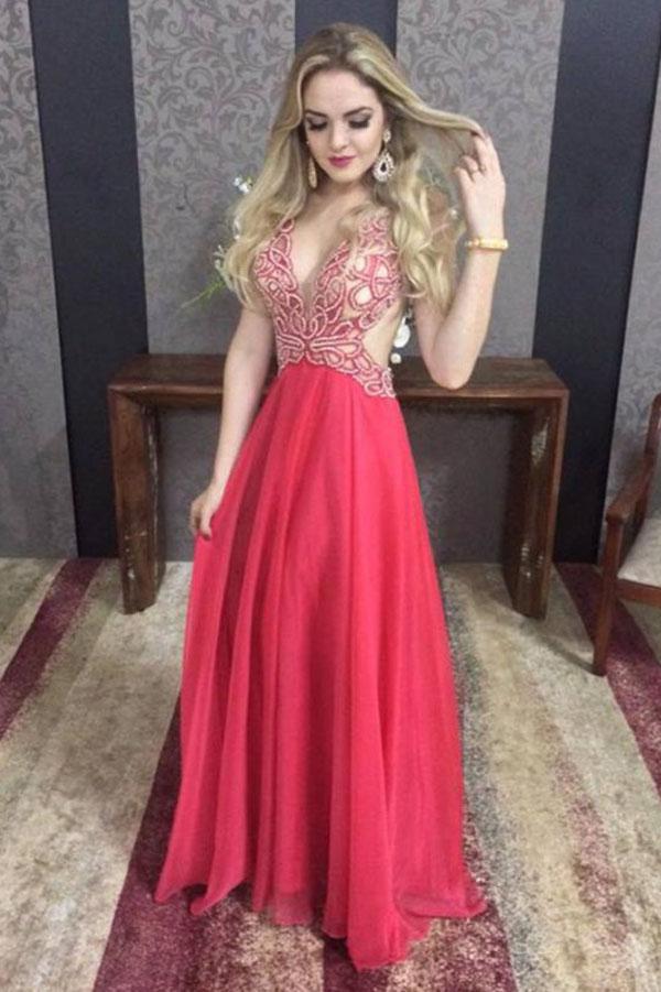 red lace chiffon prom dress Ladivine CD383 - Long Chiffon Sheath Dress