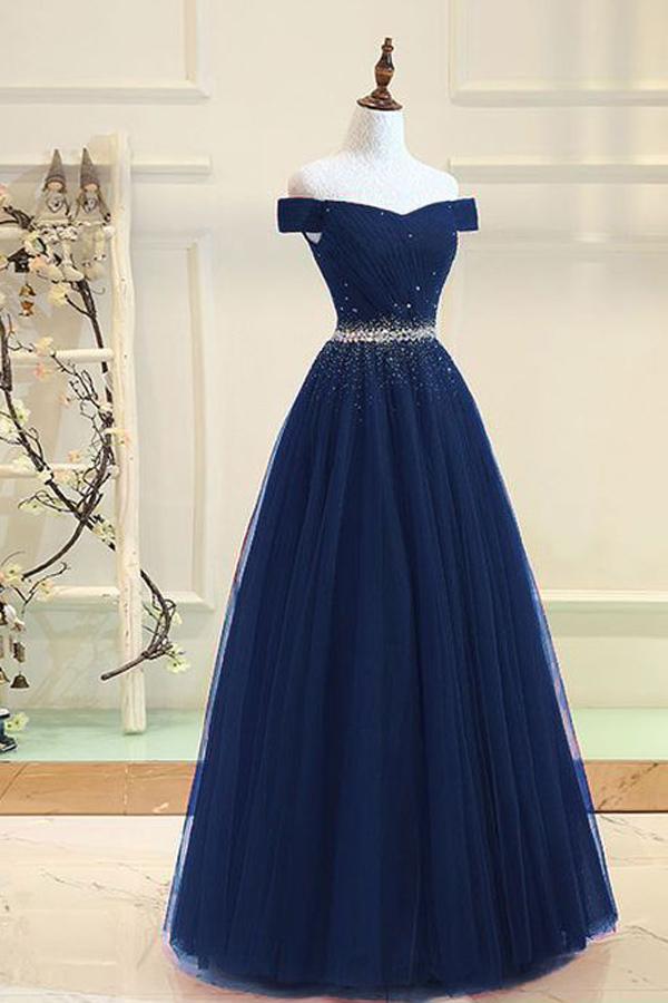 Blue Tulle Floor Length Prom Dress, Off The Shoulder Evening Dress with 3D Flowers US 6 / Blue