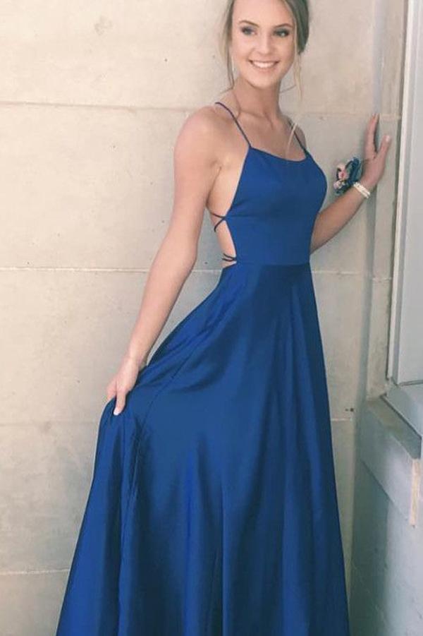 Navy Blue Satin Spaghetti Straps A-line Simple Long Prom Dress, Party Musebridals Navy Blue Satin Spaghetti Straps A-line Simple Long Prom Dress, Party Musebridals