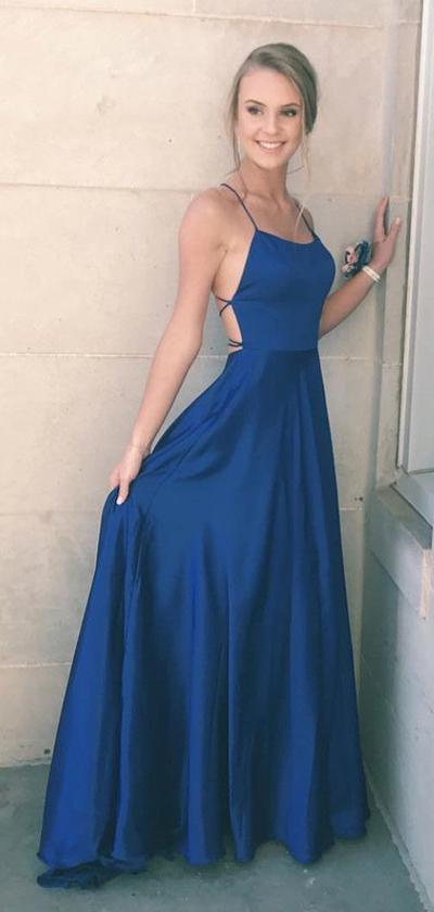 Navy Blue Satin Spaghetti Straps A-line Simple Long Prom Dress, Party Dresses, MP303|musebridals.com