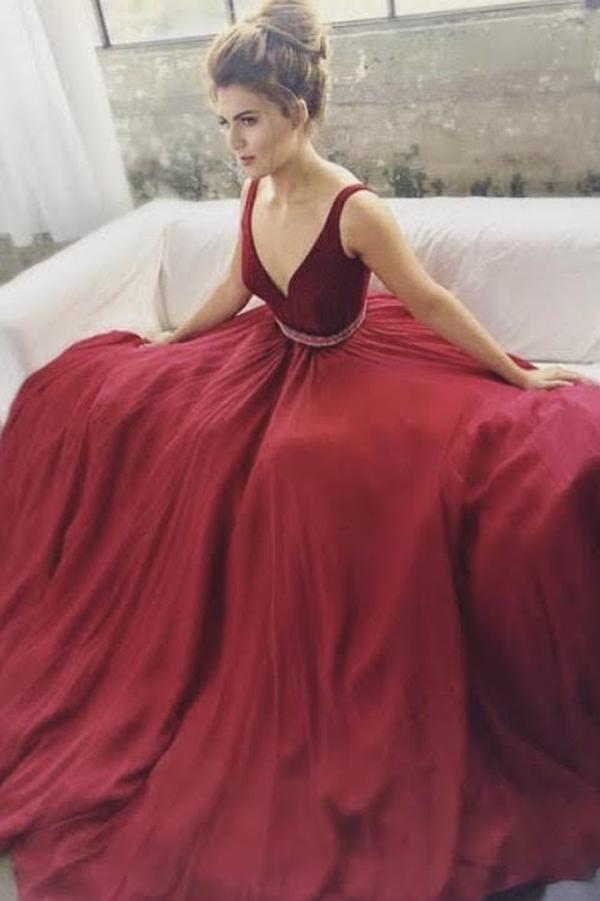 wedding dresses women's clothing Burgundy V-neck Beaded A-line Long Prom Dresses, Cheap Formal Dresses,  MP147 – Musebridals