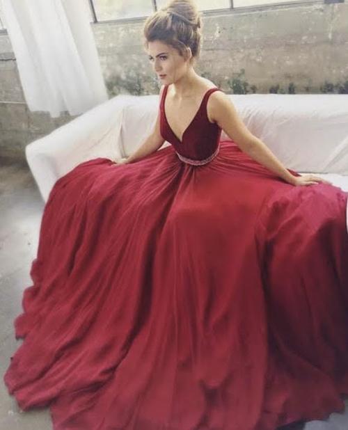 Burgundy V-neck Beaded A-line Long Prom Dresses, Cheap Formal Dresses, MP147 at musebridals.com
