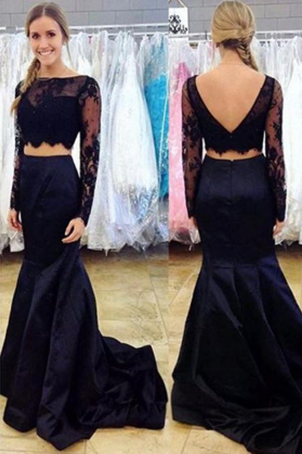 Navy Blue Two Piece Long Sleeves Mermaid Prom Dresses With Appliques, MP288 Navy Blue Two Piece Long Sleeves Mermaid Prom Dresses With Appliques, MP288
