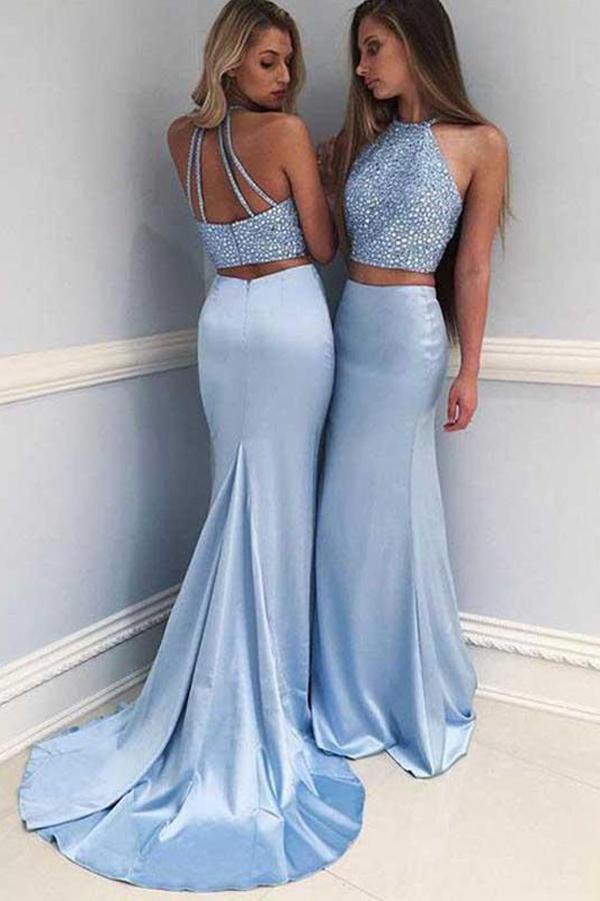 Two Piece Satin Halter Beaded Sleeveless Prom Dress With Sweep Train, MP377