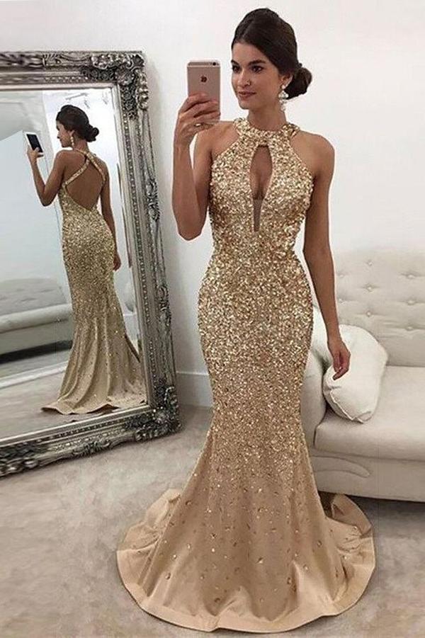 Gold Sequin Mermaid Sleeveless Halter Sweep Train Prom Dresses, MP299 Gold Sequin Mermaid Sleeveless Halter Sweep Train Prom Dresses, MP299