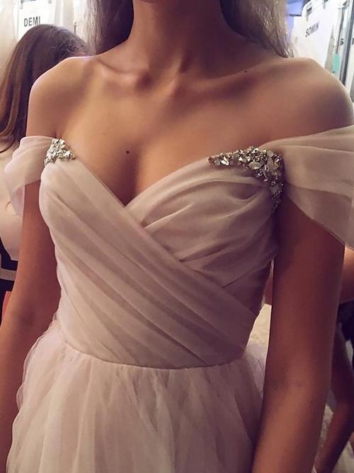 Pink A-Line Off Shoulder Tulle Beaded Princess Sleeveless Long Prom Dress, MP117|SIMIDRESS