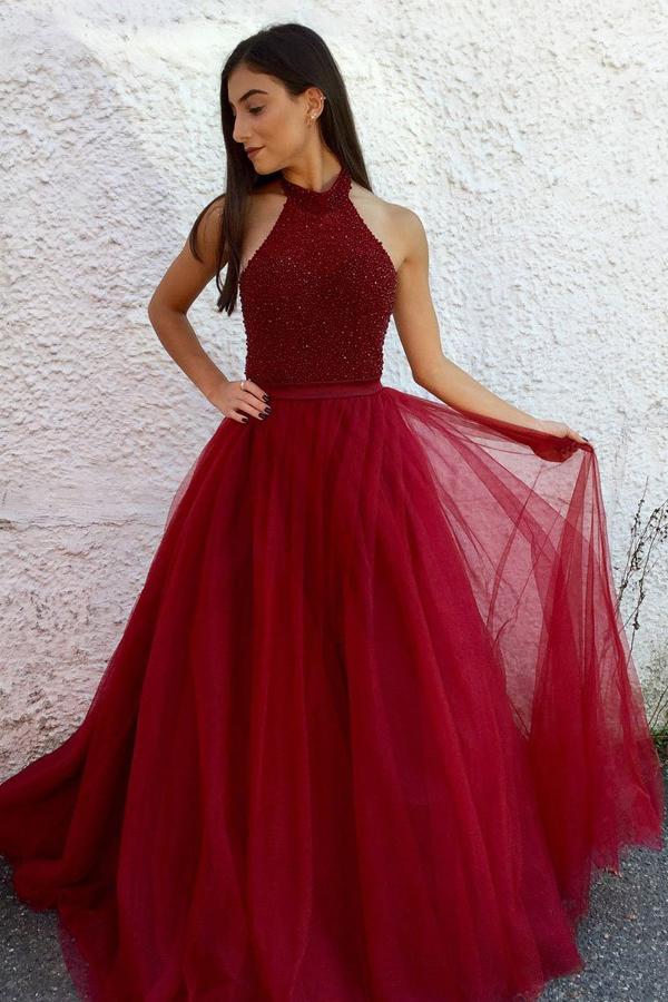 Red Halter Long A-line Beaded Tulle Prom Dresses Red Halter Long A-line Beaded Tulle Prom Dresses