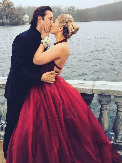 Red Halter Long A-line Beaded Tulle Prom Dresses Red Halter Long A-line Beaded Tulle Prom Dresses