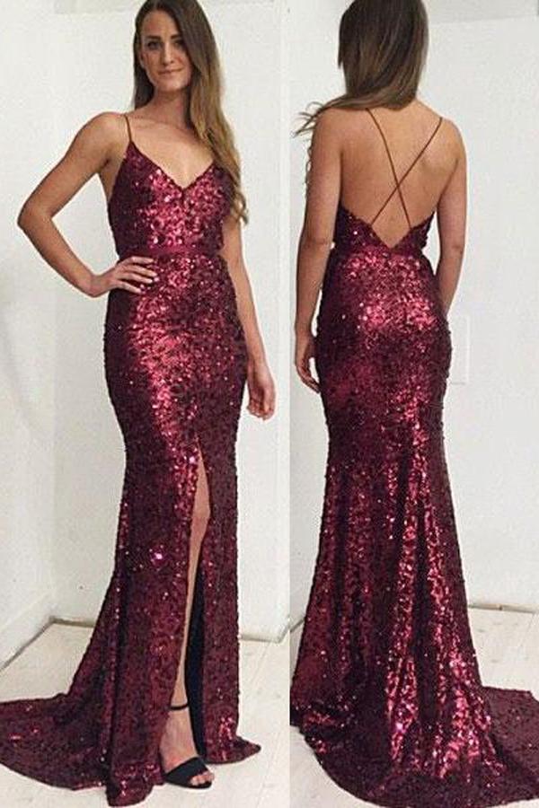 Gorgeous Sequin Mermaid Spaghetti Straps Long Prom Dress with Side Slit, MP230 Gorgeous Sequin Mermaid Spaghetti Straps Long Prom Dress with Side Slit, MP230