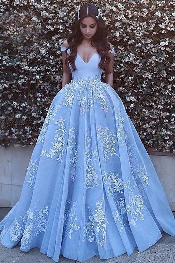 Blue Tulle Sleeveless Off Shoulder Ball Gown Sweep Train Prom Dress with Applique, MP424