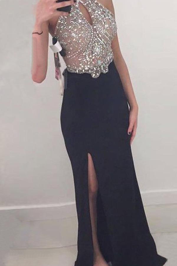 Black Beaded Sheath Sleeveless Halter Floor-Length Prom Dresses with S –  Musebridals
