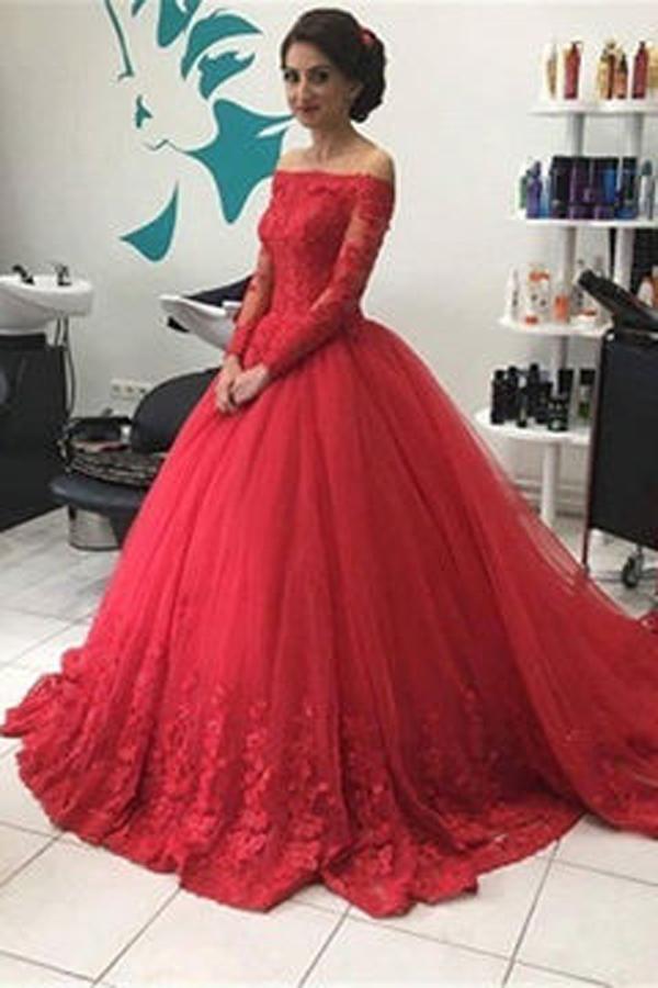 Off Shoulder Tulle Long Sleeves Prom Dress Gown Wedding Dresses, MP351 –