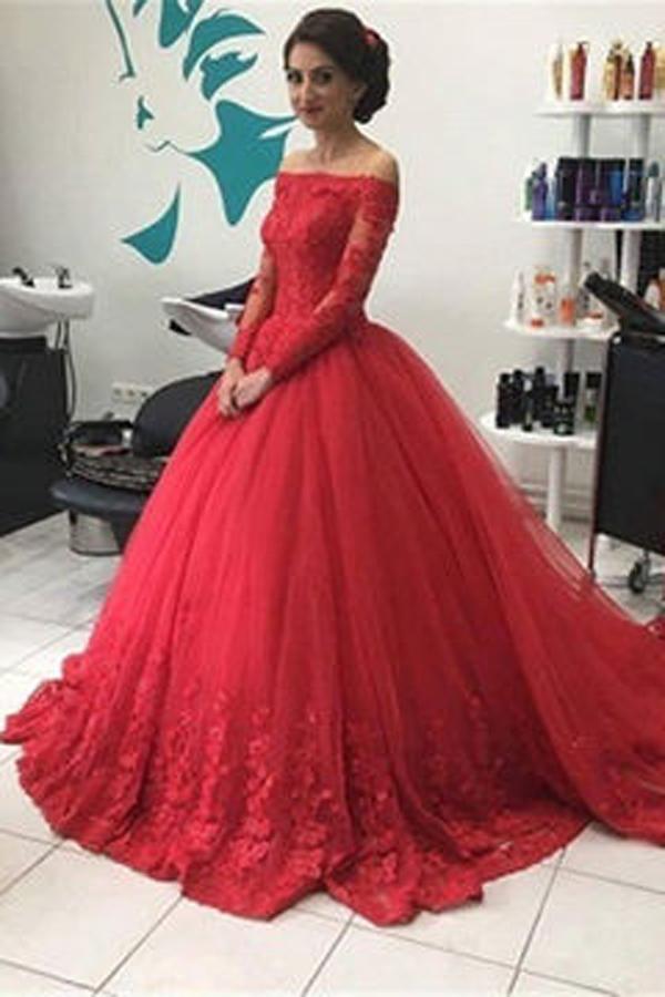 Red Off Shoulder Lace Tulle Long Sleeves Prom Dress Ball Gown Wedding Dresses MP351
