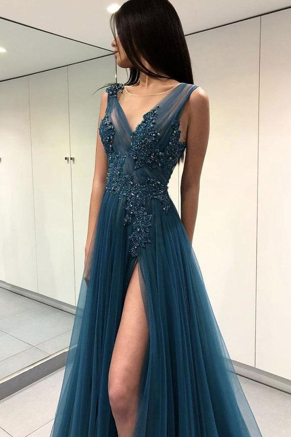 Blue Backless Lace See Through Thigh Slit Long Prom Dress with Beading, MP134