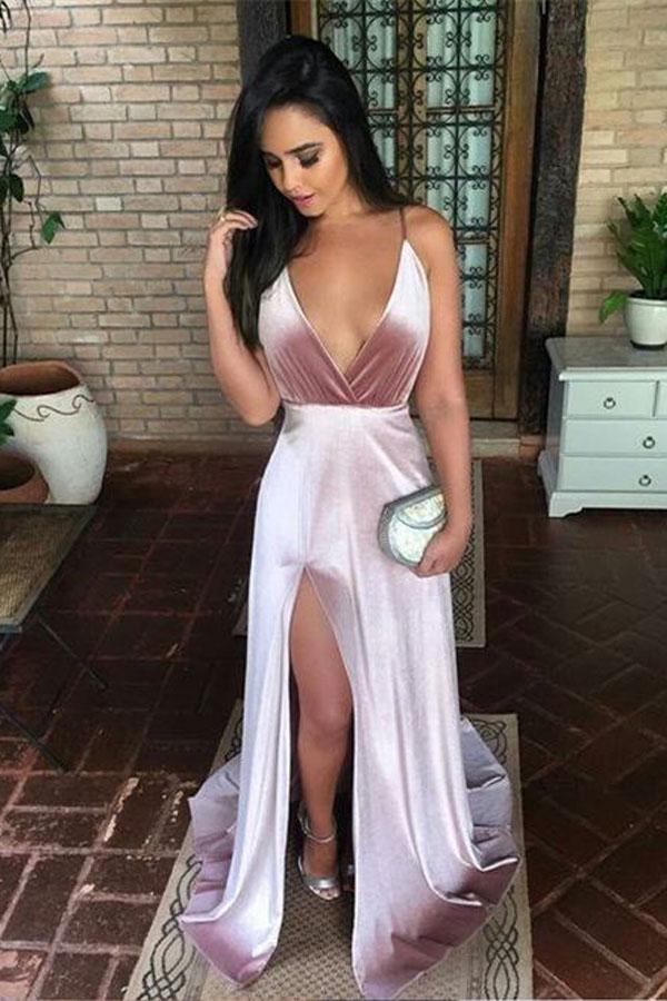 Charming New Arrival Simple Long Prom Dresses Spaghetti Straps Slit Evening Dress, MP166