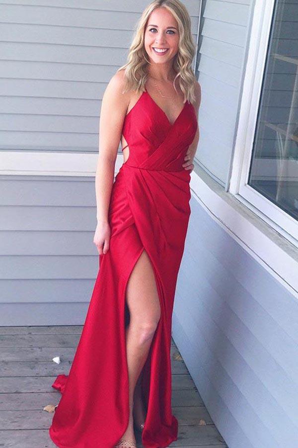 Red Satin Simple Spaghetti Straps Floor Length Prom Dress with Side Split, MP427 Musebridals Red Satin Simple Spaghetti Straps Floor Length Prom Dress with Side Split, MP427 Musebridals