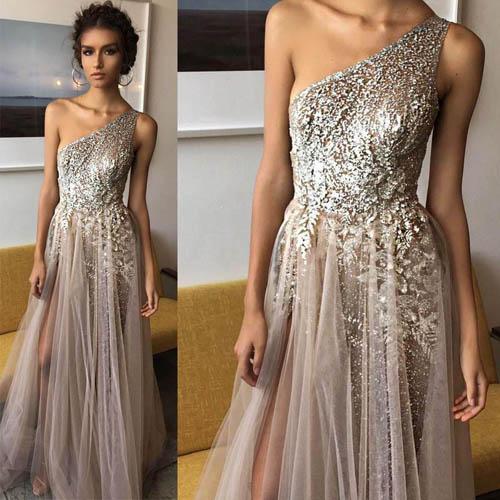 Elegant One Shoulder Shinning Tulle A Line Side Split Floor Length Prom Dresses, MP202 at musebridals.com