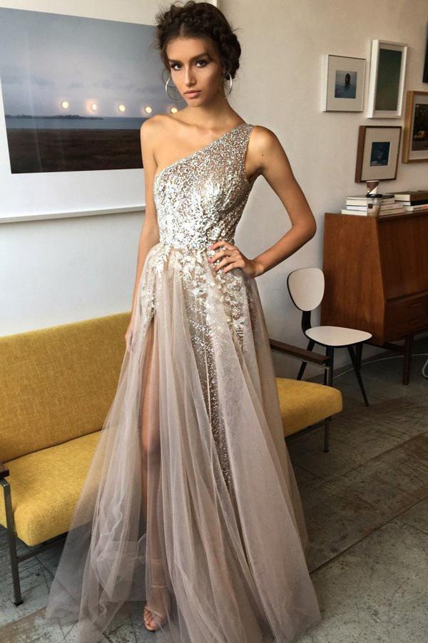 Elegant One Shoulder Shinning Tulle A Line Side Split Floor Length Prom Dresses, MP202