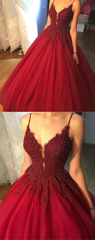 Red Tulle Spaghetti Straps A Line V-neck Floor Length Long Prom Dresses, MP201 at musebridals.com