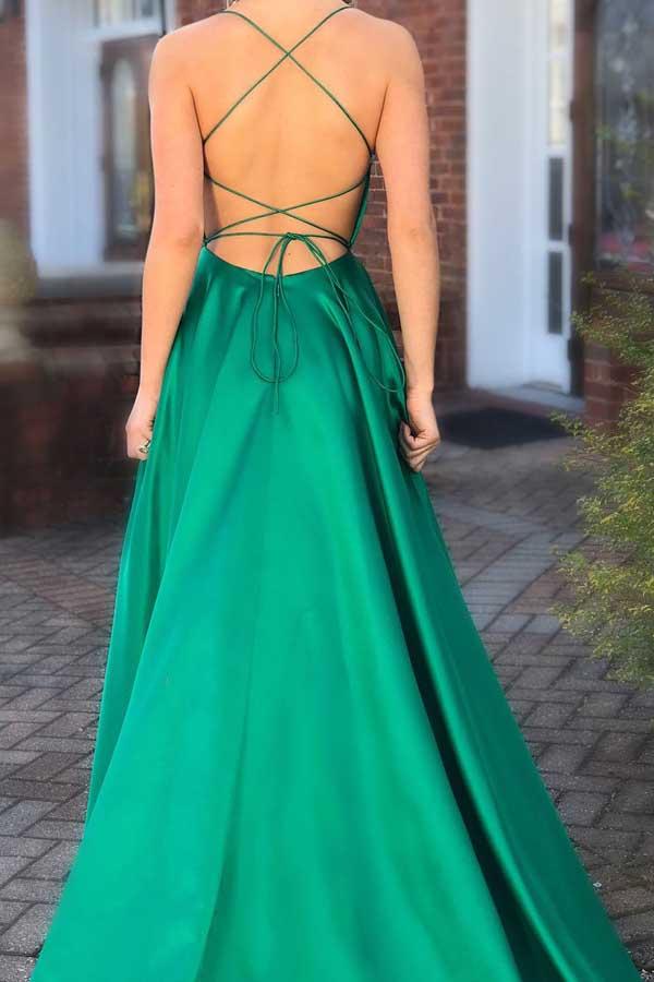 Green Spaghetti Straps Long Prom Dresses with Pocket Formal Dress, MP243|musebridals.com