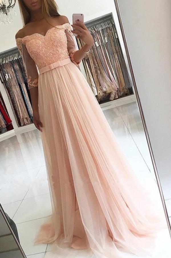 Pink Half Sleeves Off Shoulder Lace Tulle A-line Long Prom Dress with Appliques, MP323