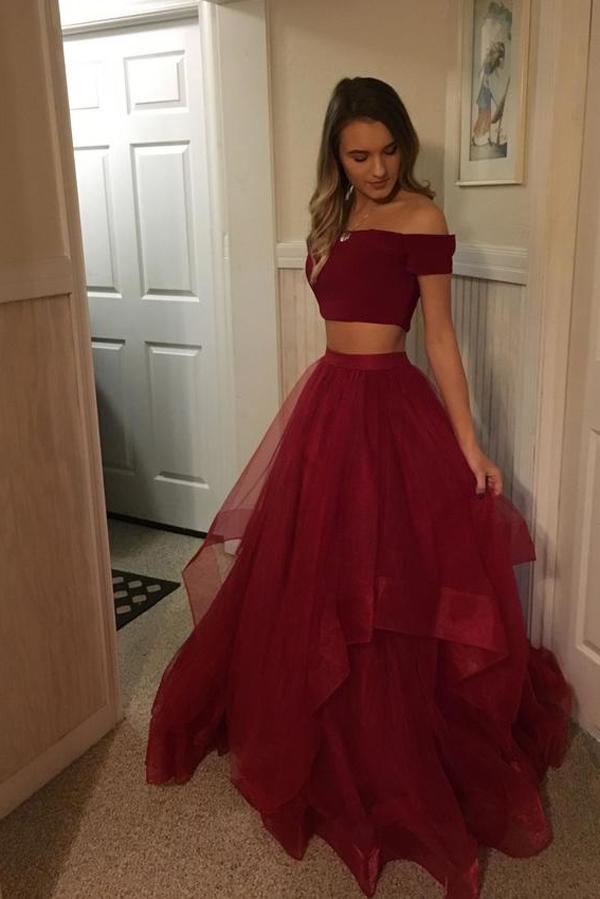 Red Tulle Off Shoulder Two Pieces Long Prom Dresses, Party Gowns, MP367 Red Tulle Off Shoulder Two Pieces Long Prom Dresses, Party Gowns, MP367