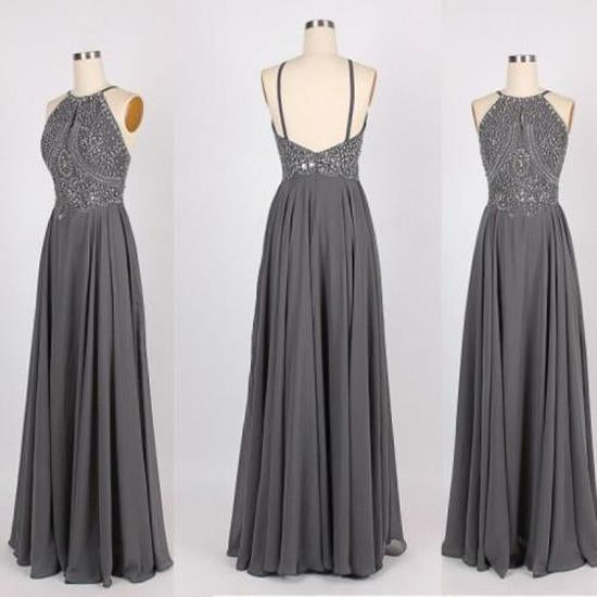 Grey Chiffon Halter Beaded Long Prom Dresses Formal Dress for Girls, MP251|musebridals.com