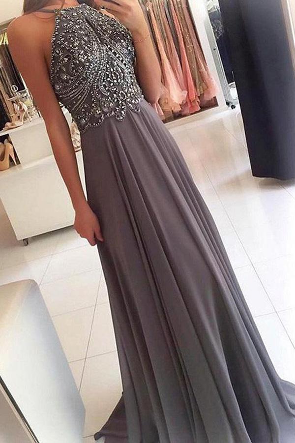 Grey Chiffon Halter Beaded Long Prom Dresses Formal Dress for Girls, MP251