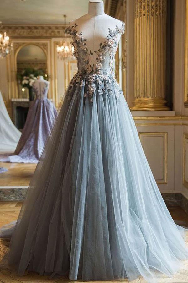 Grey Tulle A-line V neck Long Prom Dresses With Flowers Evening