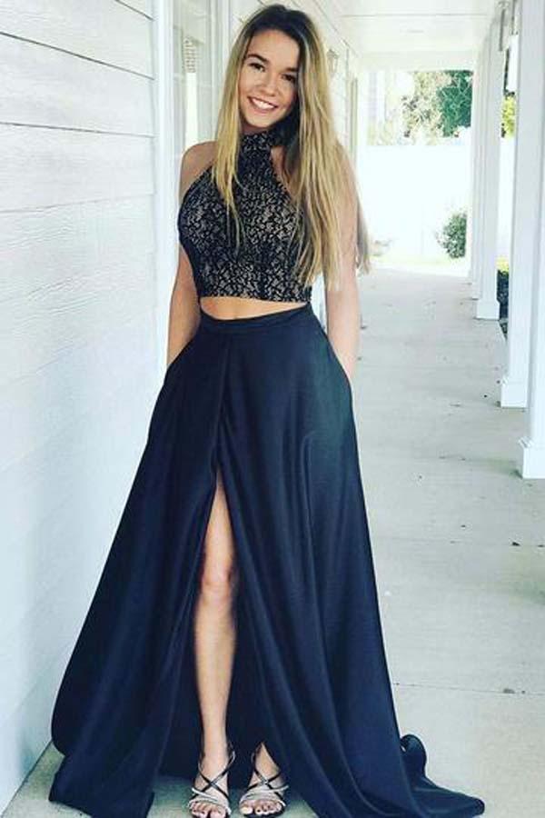 Dark Blue High Neck Satin Two Piece Long Prom Dresses with Side Split, MP179
