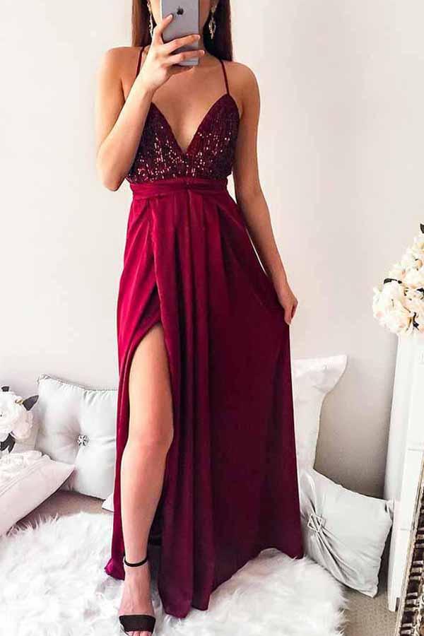 Dark Red Pleated Spaghetti Straps Prom Dress with Sequins, Party Dress, MP185 Musebridals Dark Red Pleated Spaghetti Straps Prom Dress with Sequins, Party Dress, MP185 Musebridals