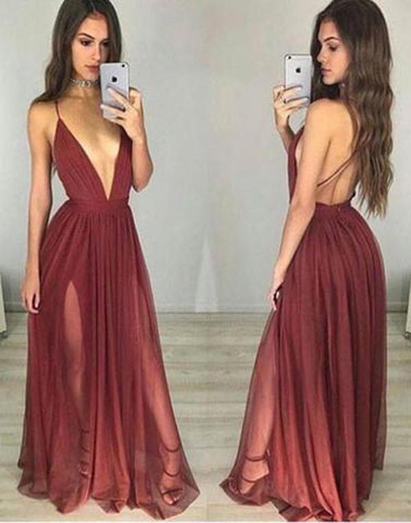 Burgundy V neck Tulle Simple Long Prom Dress, Party Dresses, Evening Dress, MP160 at musebridals.com