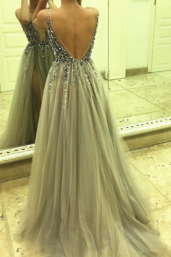 Tulle Beaded Side Split Sleeveless Long Prom Dresses, Party Dress, MP386|musebridals.com