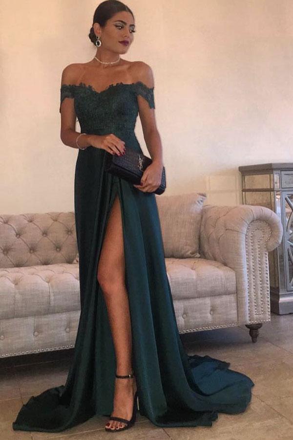 Navy Green Chiffon High Side Split Lace Top A Line Long Prom Dresses, MP304
